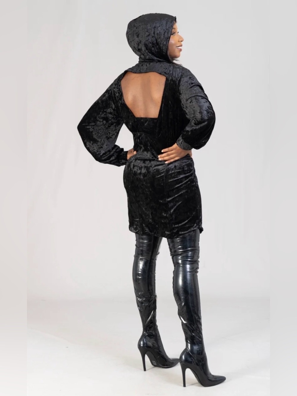 Black Velvet Hooded Open-Back Mini Dress